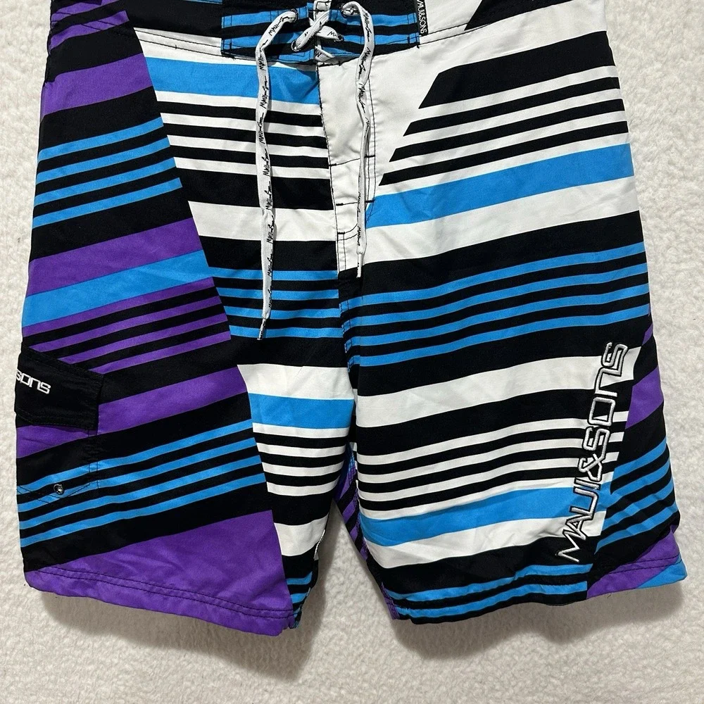 MAUI AND SONS Men's Purple Turquoise Striped Lined Swim Boardshorts‎ Size 36